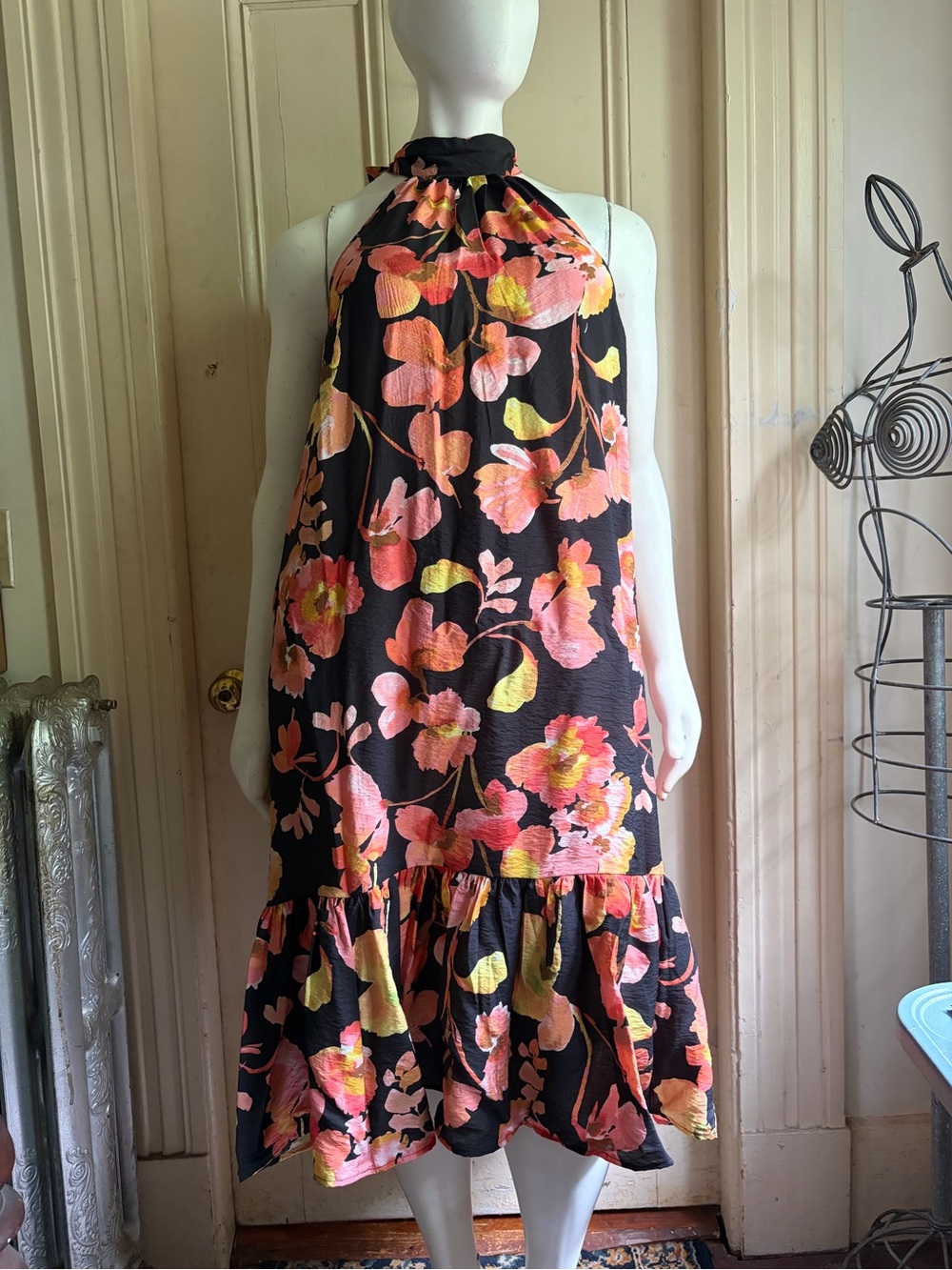 torrid Black Halter Midi Dress with Pink & Yellow Floral Print
